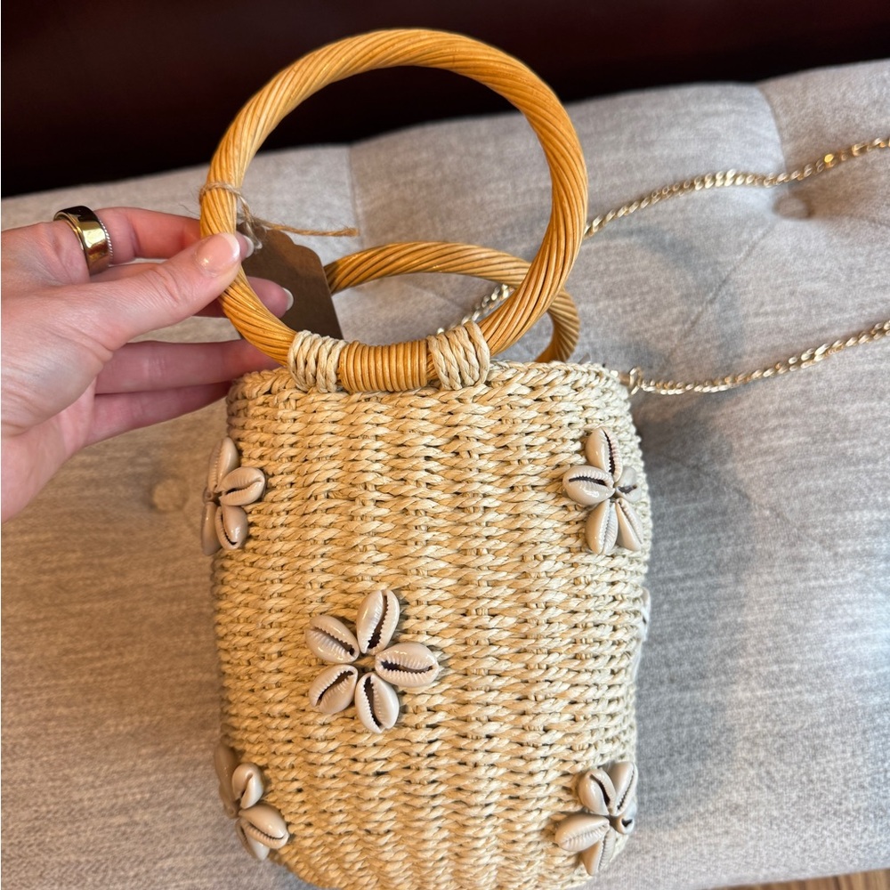 Woven Shell-Accent Straw Handbag in Natural